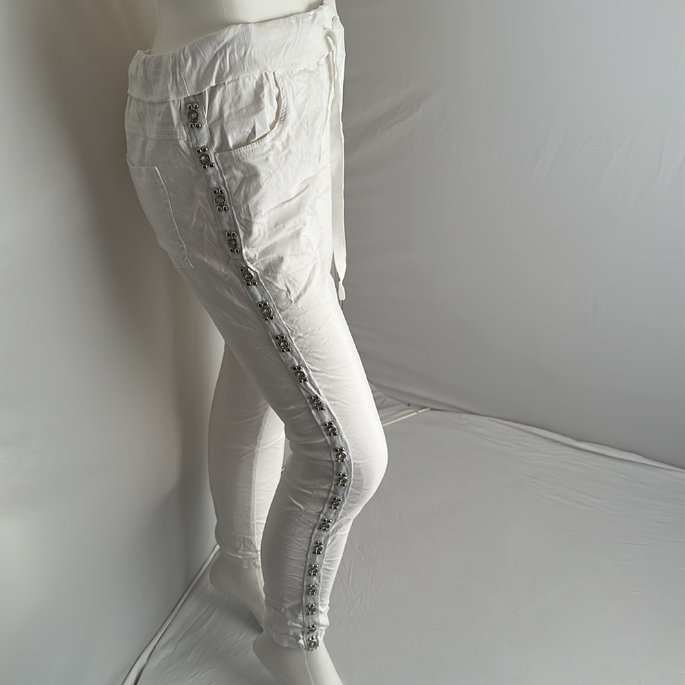 NT by Amati white pull-on pants with rhinestone embellishment trim down legs